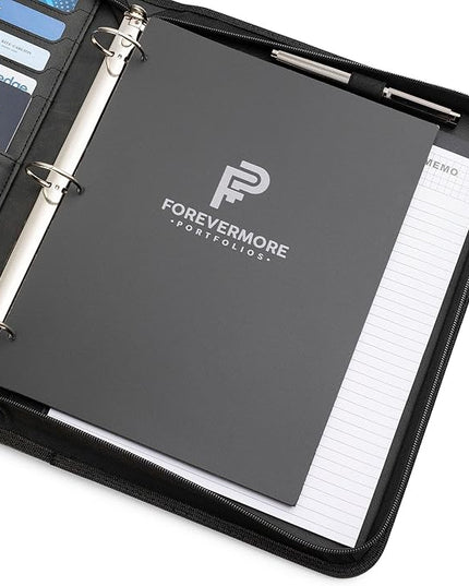 Forevermore Portfolios Portfolio Organizer - 3 Ring Binder with Notepad - 1.5 Inch Rings - Zippered Storage Pockets for Papers, Travel Documents, Presentation Folder, Cards, Passport, Tickets - Black