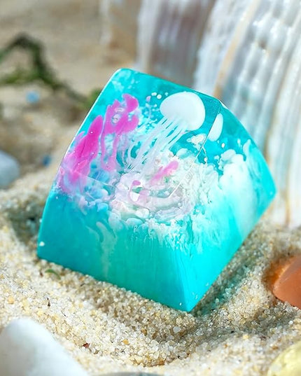 Jellyfish Artisan Keycap Light Blue Coral Ocean R1 SA Profile Custom Sea Creature Keycaps 1U ESC Handmade Gaming Sea Resin Key Cap Cherry MX Switch Compatible Mechanical Keyboard Jellyfish Lover Gift