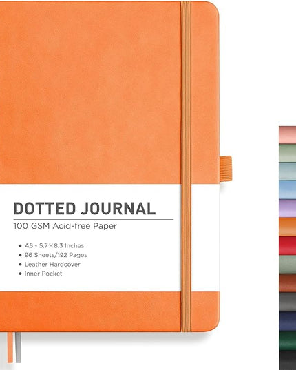 RETTACY Bullet Dotted Journal Notebook, 192 Pages, A5 Medium Size (5.7'' x 8.3''), Leather Hardcover, 100 GSM Thick Paper, for Bullet Journaling, Planning, Tracking (Orange)