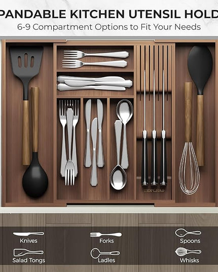 Bamboo-Silverware-Drawer-Organizer-Kitchen, Expandable Utensil Holder Cutlery Tray Flatware Organization Adjustable Wood Tableware Dividers Storage (with Removable Knife Block)(Brown)