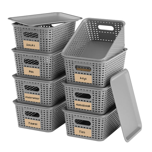WRRLORS 8 Pack Plastic Storage Baskets,Grey Stackable Bins with Lid