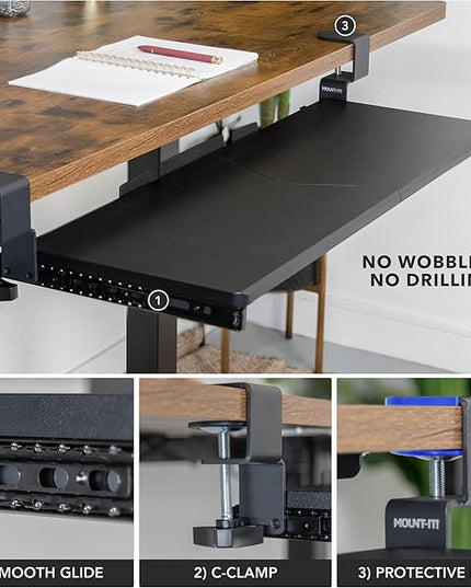 Mount-It! 30” Extra-Wide Clamp-On Under Desk Keyboard Tray, Large Slide-Out Keyboard Drawer for Desk, Ergonomic Pull-Out Platform with Smooth Gliding Tracks, No-Drill C-Clamp Mount
