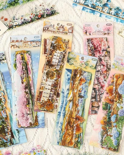 Dwpetzo Transparent PET Stickers for Journaling Scrapbooking, 60 Sheets Large Seasonal Landscape House Mountain Forest Wildflower Stickers Set for Junk Journal, Collage, Crafts Arts