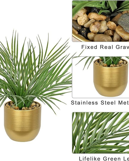 Hollyone Large Artificial Potted Plants Fake Palm Plants 13" Faux Tropical Palm Plant Tree in Gold Metal Pots for Home Room Office House Indoor Decoration