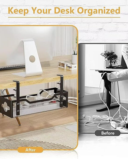 2 Pack Under Desk Cable Management Tray, 13.38" Cable Organizer No Drill, Quszmd Standing Cord Organizer and Wire Management - Black