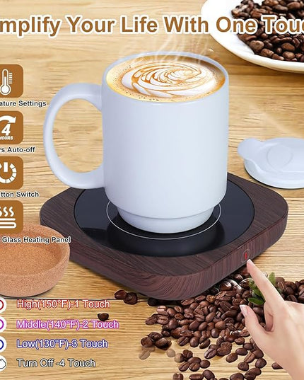 Coffee Mug Warmer & Mug Set for Desk, Electric Coffee Cup Warmer with Ceramic Mug, Smart Heated Coffee Mug with Auto Shut Off for Office/Home, Christmas/Birthday/Coffee Gifts for Men & Women, Wood