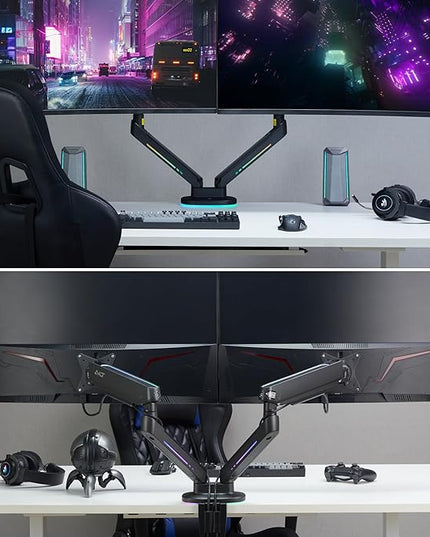 AVLT Dual 27”-43” RGB Gaming Monitor Arm Desk Mount Built-in 20 Lighting Modes Touch Button Control Fits Flat/Curved/Ultrawide Screen Height Swivel Tilt Rotation Adjustable Stand -Black