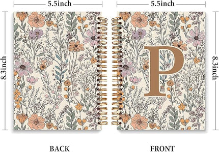 JXREQ Vintage Boho Floral Personalized Notebook, Initial Letter P Notebook Journal, Monogram Notebook, Monogrammed Gifts for Women, Boho Office Supplies, Flower Spiral Notebook 5.5x8.3