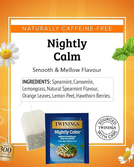 Twinings Nightly Calm Herbal Tea Individually Wrapped Bags, 20 Count (Pack of 1), Spearmint & Lemongrass, Naturally Caffeine-Free, Enjoy Hot or Iced, 20 Teabags
