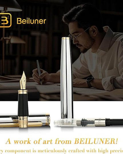 BEILUNER Silver Chrome Fountain Pen,Stunning Luxury with 24K Gold Accents, Gorgeous 24K Gilded Nib(Medium), Fancy Pen Gift for Men&Women -Ink Converter-Elegant, Office,Nice Pen for Writing