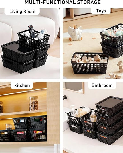 Plastic Storage Baskets With Lid, Storage Bins for Organizing, Stackable Decorative Containers for Shelves Drawers Desktop Closet Playroom Classroom Office, 8 Pack-Black