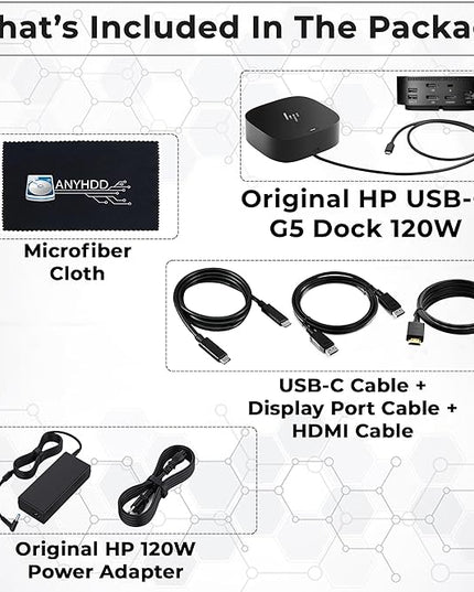 HP Docking Station for Laptop Dual Monitor and Charging Bundle - HP USB-C G5 Dock 5TW10AA / 5TW10UT / 5TW10AA#ABB with 120W Adapter, HDMI, DisplayPort, USB-C Cables & Microfiber Cleaning Cloth