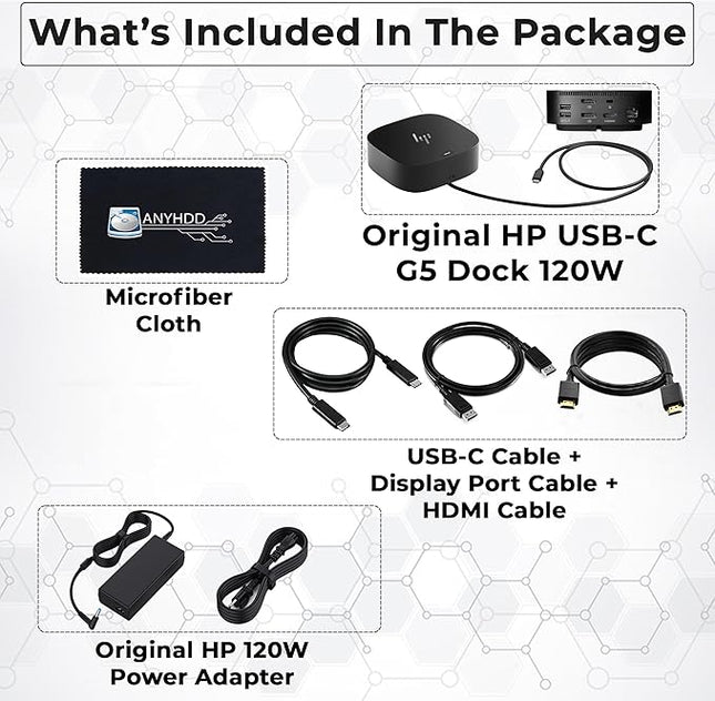 HP Docking Station for Laptop Dual Monitor and Charging Bundle - USB-C G5 Dock 5YH27AV#ABA with 120W Adapter + HDMI Cable + DisplayPort Cable + USB-C Cable + Microfiber Cloth (Renewed)