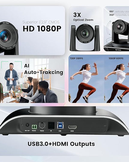 TONGVEO All-in-One Conference Room Video Camera System Al Auto-Tracking HD1080P 60fps 3X Optical Zoom USB3.0 HDMI PTZ Camera and Bluetooth Conference Speakerphone with Microphones