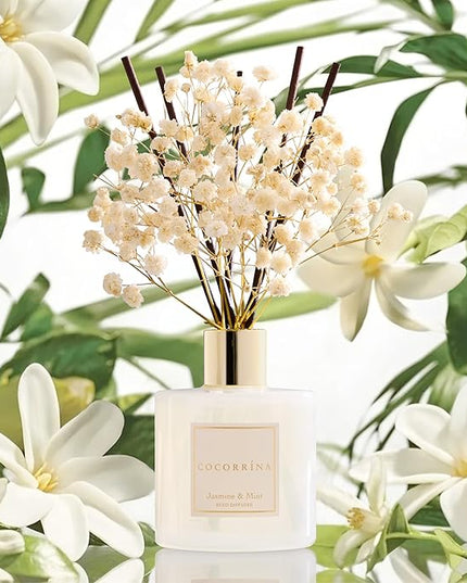 COCORRÍNA Reed Diffuser - Jasmine & Mint 6.7 Fl.oz Reed Diffuser Set with Sticks & Preserved Baby's Breath, Reed Diffuser for Home Bathroom Shelf Decor