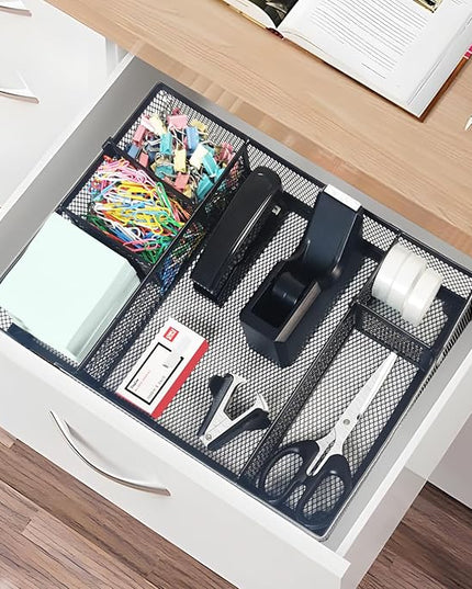 Black Office Desk Accessories, Black Office Supplies Set, Desk Drawer Organizer,Stapler and Tape Dispenser Set,Tape,Staple Remover, Staples, Paper Clips, Scissor and Sticky Note