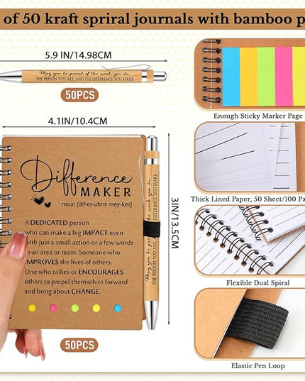 Jetec Inspirational Notebooks Bulk Spiral Notebook with Sticky Notepad Motivational Pens Valentines Day Gifts for for Employee Coworker Nurse Staff Teacher Nurse Volunteer(50 Sets,Difference Maker)