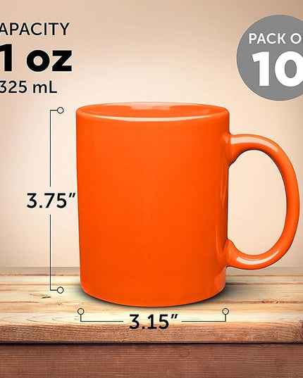 DISCOUNT PROMOS Ceramic Coffee Mugs 11 oz. Set of 10, Bulk Pack - Coffee cup set, Iced coffee cup, Gaming mug - Orange