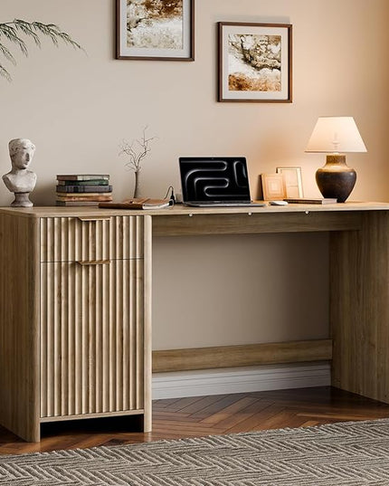 60" Fluted Home Office Desks with Storage, Modern Executive Desk Computer Desk with Drawer & Cabinet, Wood Work Desk for Office, Bedroom, Study, Living Room, Oak