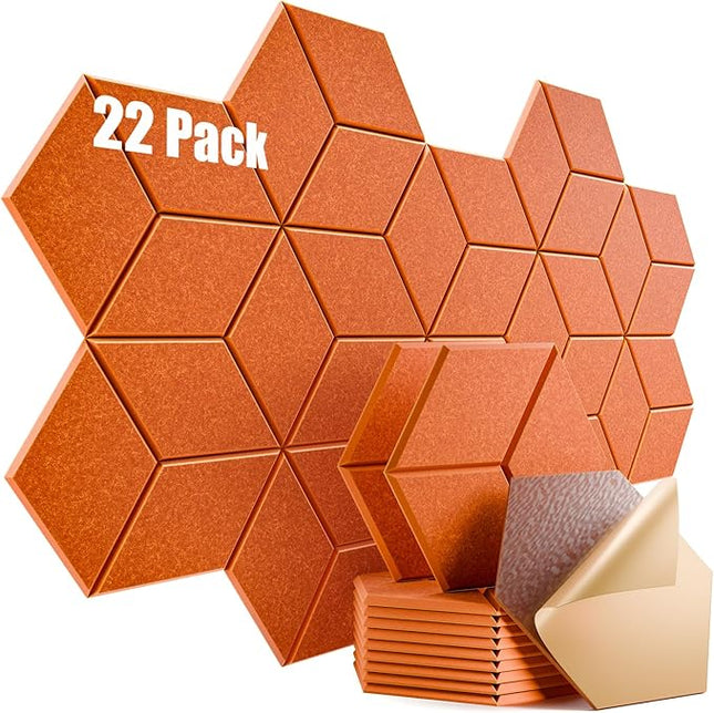 22 Pack Self-Adhesive Acoustic Panels 12" X 10" X 0.4" - Sound Proof Foam Panels with High Density, Y-Lined Design, Flame Resistant, Absorb Noise and Eliminate Echoes(Tangerine)