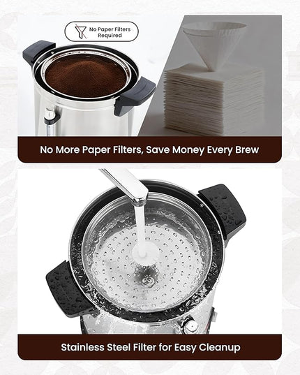 Commercial Coffee Maker 40-Cup Large Coffee Urn with Percolator Coffee Pot Electric 6L Stainless Steel Fast Brew Hot Water Dispenser for Tea Catering Events Home Office Easy Cleaning