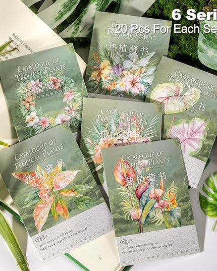 AuriicLeaf Tropical Botanical PET Sticker Set, 120Pcs Floral and Leaf Stickers for Scrapbooking, Journaling, Junk Journal Supplies, and DIY Crafts