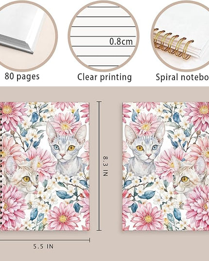 Sphynx Cat Notebook Journal, Cat Lover Gifts for Women Men, funny Black Cat Gifts for Girls, Pink Floral Cat Peel Spiral Notebook, Cat Notepad 5.5x8.3 Inch