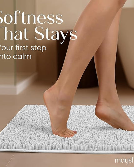 MAYSHINE Plush Shaggy Chenille Bath Mat | Extra Soft, Super Absorbent, Non-Slip Bathroom Rug | Fluffy Microfiber, Area Rug Sets for Bathroom Floor, Kitchen, Living Room | 39"x24" | White