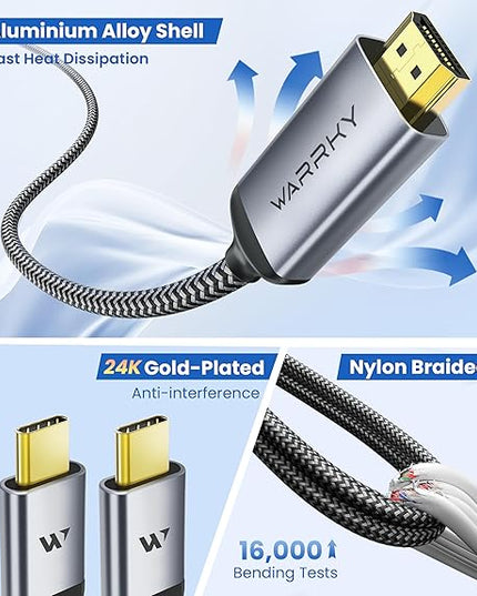 Warrky USB C to HDMI Cable 4K, 15ft [Braided, High Speed] Thunderbolt 3 to HDMI Adapter Compatible for New iPad, MacBook Pro/Air, iMac, Galaxy S20 S10 S9 S8, Surface, Dell, HP