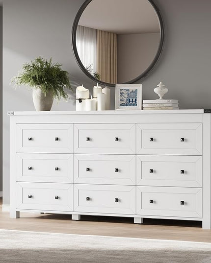 BORNOON 9-Drawer Dresser, Modern Wooden Storage Chest of Drawers, Dresser TV Stand, Wood Drawer Organizer with Metal Handles for Bedroom, Living Room, Hallway