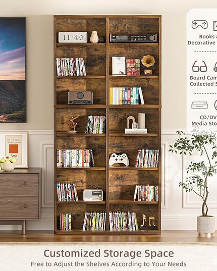 LELELINKY 7 Tier Tall Display Cabinet, Brown Media Storage Cabinet with Adjustable Shelves, Free Standing DVD Organizer Shelf, Floor Multimedia Storage Manga Bookshelf for Living Room & Home Office.