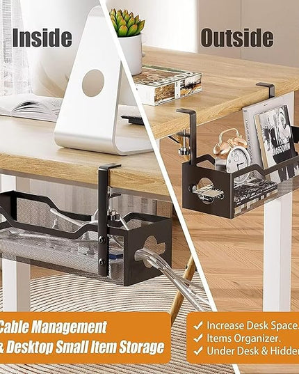 2 Pack Under Desk Cable Management Tray, 13.38" Cable Organizer No Drill, Quszmd Standing Cord Organizer and Wire Management - Black
