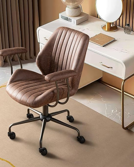 Mid Century Modren Office Chair - Fuax Leather Suede Brown Executive Chairs Ergonomic Mid Back with Lumbar Support, Swivel Computer Desk Task Chair with Wheels for Home Office (Dark Brown, Mid Back)