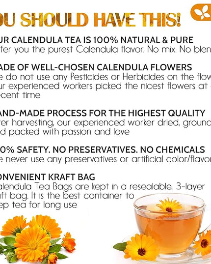 FreshDrinkUS, Premium 135 Calendula Tea Bags, 100% Natural and Pure Calendula Flowers, Eco-conscious Tea Bags. Herbal Tea. No Sugar, No Caffeine, No Gluten, Vegan.