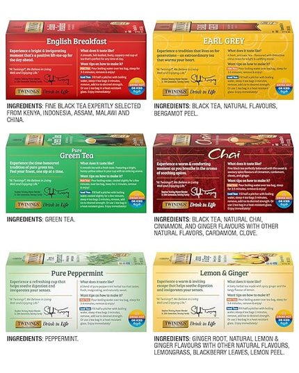 Twinings Variety Pack Tea Bags, 25 Count (Pack of 6) Includes English Breakfast, Earl Grey, Lemon Ginger, Peppermint, Green, and Chai, Enjoy Hot or Iced, 150 Teabags
