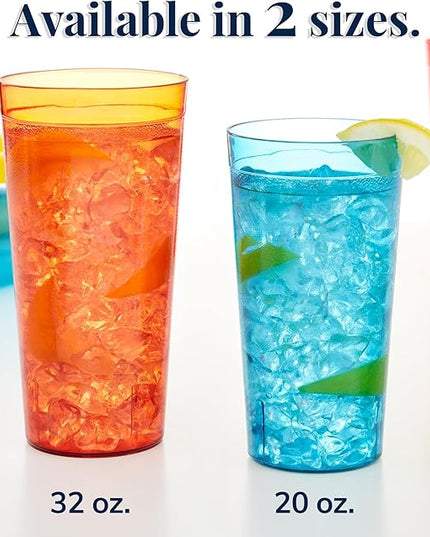 US Acrylic Cafe Plastic Reusable Tumblers (Set of 16) 20-ounce Water Cups Assorted Colors | Restaurant Style Drinking Glasses Value Set, Stackable, BPA-free, Made in the USA | Top-rack Dishwasher Safe
