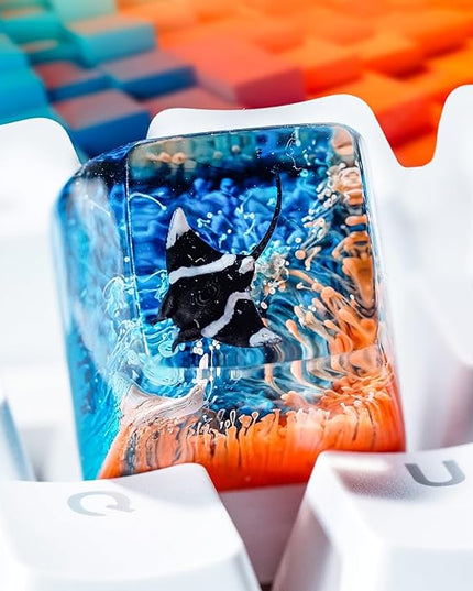 Manta Ray Artisan Keycap Blue Orange Ocean Coral R1 SA Profile Custom Sea Creatures Keycaps 1U ESC Handmade Gaming Resin Key Cap Cherry MX Switch Compatible Mechanical Keyboard Manta Ray Lover Gift