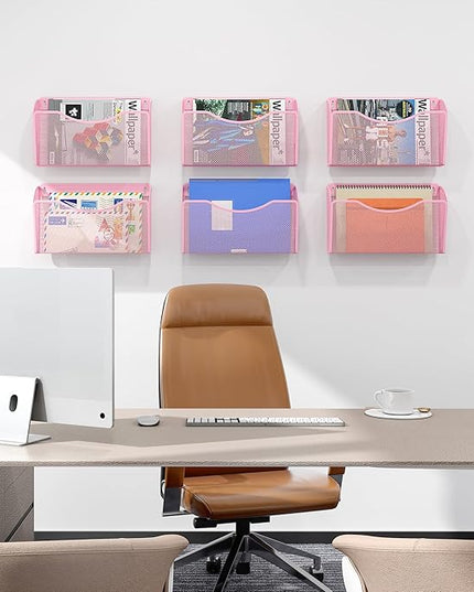 EasyPAG 3 Single Pocket Wall File Organizer, Mesh Hanging File Folder Organizer for Letter/A4 Size Folders, Wall Mounted Vertical Mail Holder for Paperwork, Office, Home, School, Pink