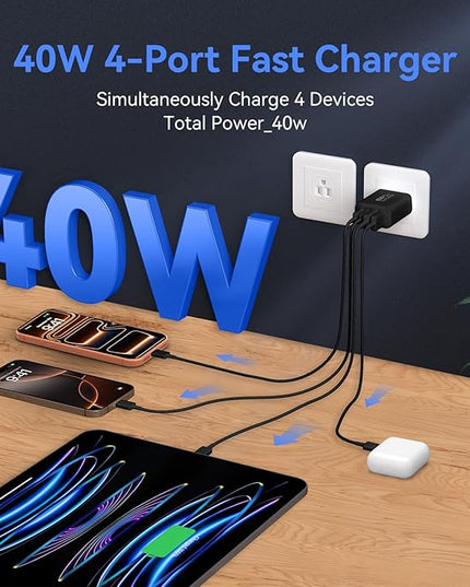 USB C Wall Fast Charger Block, 40W 4-Port Type C Chargers Fast Charging Blocks PD Power Charger Adapter+QC 3.0 USB Multiport Charger Brick for Phone 17/16/15/14/13/12 Pro Max, i-Pad, Galaxy S25-2Pack