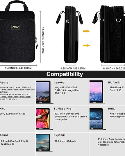 ZINZ Slim & Expandable Case 12.9 13 inch Travel Laptop Shoulder Bag for MacBook Air 13" M4/M3/M2/M1, MacBook Pro 13" M2/M1, iPad Pro 12.9"/13"/11", iPad Air 13",B01K01