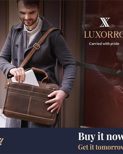 Luxorro Full-Grain Leather Briefcase for Men - Laptop Bag with Leather Computer Compartment