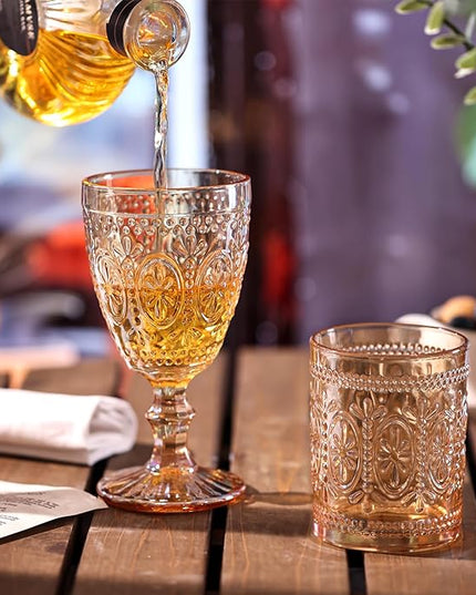 Amber Glassware set of 4, Vintage Drinking Glasses, 10oz Heavy Duty Glass Cups, Colored Glassware Set, Embossed Glasses Set for Party Wedding Home Office Gift