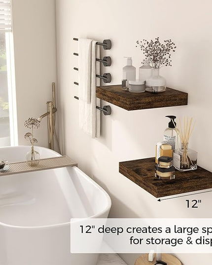 Fun Memories 12 Inch Floating Shelf, Rustic Wood Wall Shelves for Wall Decor & Storage, 12 x 12 Floating Shelf for Living Room, Bathroom, Bedroom, Rustic Brown, Set of 2