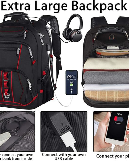 JCDOBEST Laptop Backpack, Red, 55L Capacity, TSA Approved, RFID Anti-Theft, USB Charging Port, Headphone Hole, Back Luggage Strap, Chest Strap, Laptop Backpack