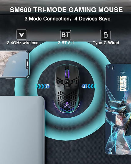 SOLAKAKA SM600 Honeycomb Shell Gaming Mouse Wireless,Tri-Modes BT5.1/2.4G Wireless/Type-C Wired Gamer Mouse with 2 Side Buttons, Macro Programmable and RGB Light for PC/Mac/Laptop,Black