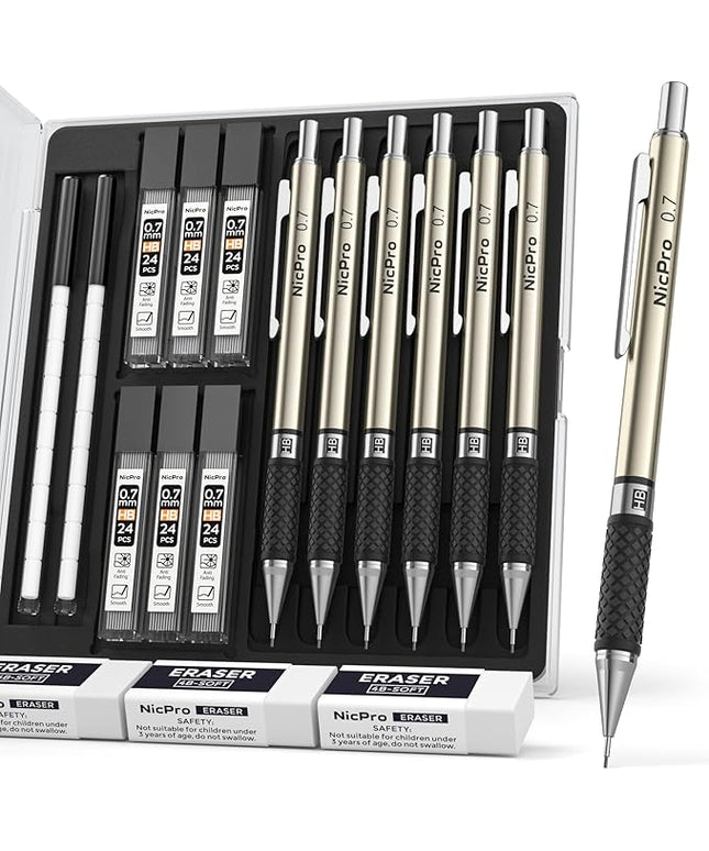Nicpro 0.7 mm Art Mechanical Pencils Set, 6 PCS Metal Drafting Pencil 0.7mm Tube HB Lead Refills & 18 Cap Eraser for Adults, Children, Artist Writing, Drawing, Sketching, Black
