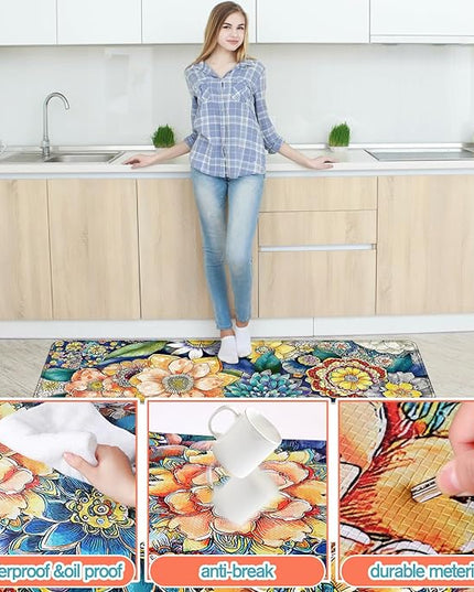 Dunzy 3 Pcs Anti Fatigue Boho Floral Rugs Mats for Kitchen Floor Non Slip Cushioned Waterproof Standing Runner Anti Fatigue Memory Foam Padded Rug for Sink Laundry Home, 17 x29 17 x47, 17 x59
