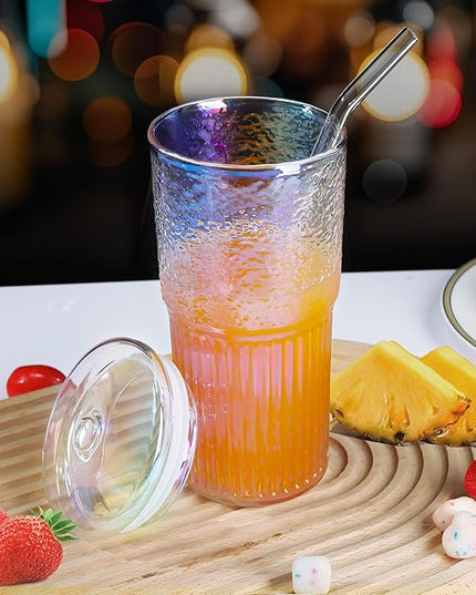 Joeyan 22 oz Iridescent Glass Tumbler with Straw and Lid for Iced Tea Coffee Smoothie Water Juice Beverages Soda,Ribbed Glasses Cups,Borosilicate Drinking Jar,Set of 2