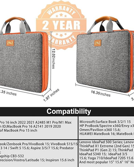 ZINZ Slim Expandable Laptop Case 15.6 Inch Sleeve Upgraded Protective Durable Recycled Carrying Case Compatible with MacBook 15" & 16" and Most 15" 15.6" 16" Notebook,D01G02