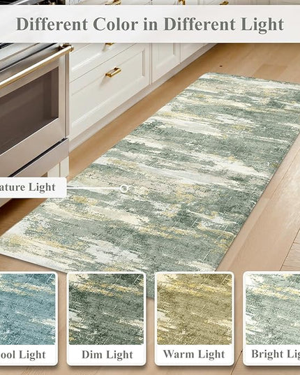 Collive Anti Fatigue Kitchen Mats, Grey/Green Abstract Kitchen Rugs Sets of 2 Non Slip Waterproof Standing Mat, Cushioned Comfort Desk Rug for Home Office, Sink, Laundry, 17"x29"+17"x47"